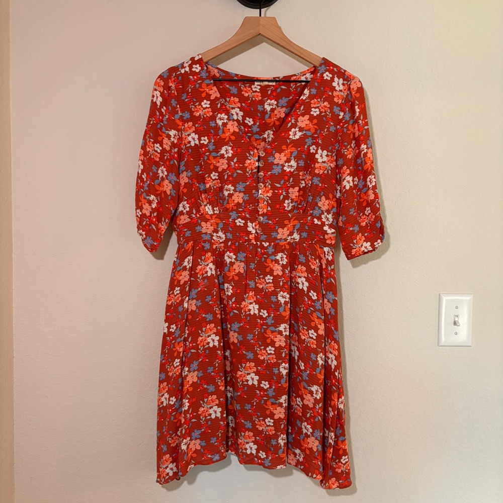 Copper Key Floral Mini Dress M Rust Orange Cottagecore Boho